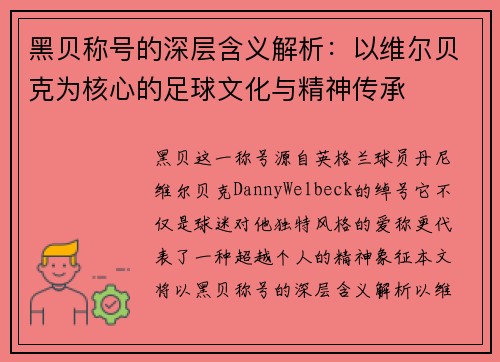 黑贝称号的深层含义解析:以维尔贝克为核心的足球文化与精神传承 黑贝称号的深层含义解析:以维尔贝克为核心的足球文化与精神传承